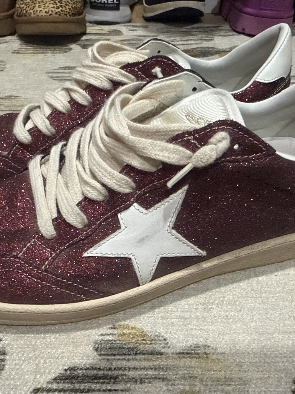 Golden Goose Bordeaux/Cream Glitter Star Lace-Up Sneakers